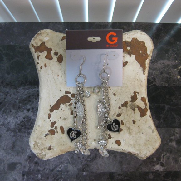 NWT Guess wing cross logo silver chain earrings - Picture 2 of 4